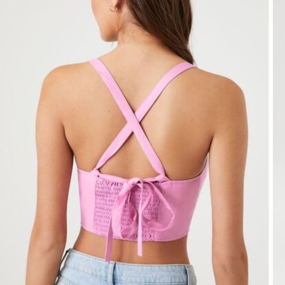 NWOT-Forever 21 Smocked Pink Tie-Back Crop Top Size Large - Picture 4 of 16